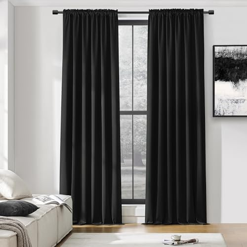 DONREN Patio Blackout Curtain Panels - Summer Home Decoration Thermal Insulated Rod Pocket Blackout Draperies/Drapes for Bedroom (2 Panels, 60 inches x 96 inches, Black)