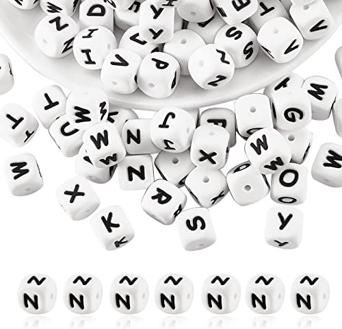 BEEFLYING 20 Pezzi Perline in silicone con lettere cubiche bianche Perline alfabetiche a dadi quadrati da 12 mm Perline distanziatrici iniziali a foro largo per gioielli portachiavi fare (Lettera N)