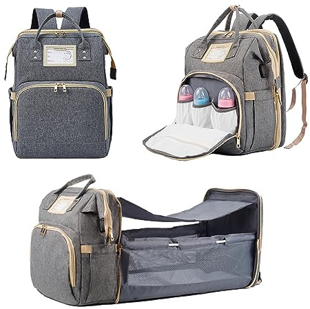 Azooken Sac à Dos à Langer pour Bébé,Sac à Dos Pour lit bébé,Sac à langer de voyage portable avec lit pliable Grande Capacité Sac à Couches Multifonction Imperméable(Gris)