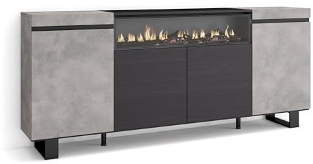 Skraut Home | Sideboard, Highboard | Kommode, Komodenschrank | 200x87x35cm | 4 Türen | Elektrokamin. Maße | Industriedesign | Moderner Stil | Zement