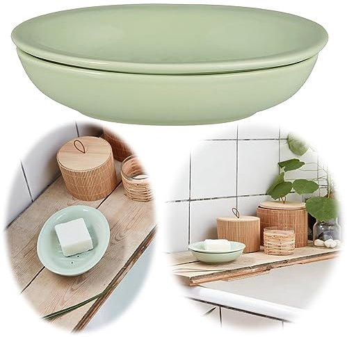 LS-LebenStil Vintage Keramik Seifenschale 2-teilig Grün 15cm Altum Seifenhalter gelocht Seifenablage mit Ablauf Auffangschale Seifenteller Seifenigel in Küche, Bad/Badezimmer