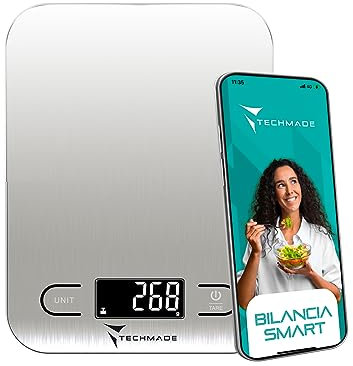 Techmade - Balance de Cuisine Numérique | Précision jusqu'à 5000g | Écran LED Clair | Connectée à Appli Nutrition | Comptage Nutritif | Silvet, Acier Inoxydable