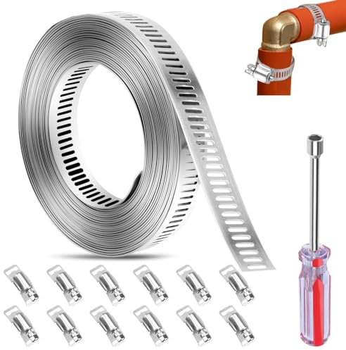 Hose Clamps, Large Jubilee Clips, 5m/16.4ft Stainless Steel Hose Clips with 12 Fasteners, Adjustable Worm Drive Hose Clamps with 8mm Screwdriver for Hose Connections, Pipe, Plumbing, Tube