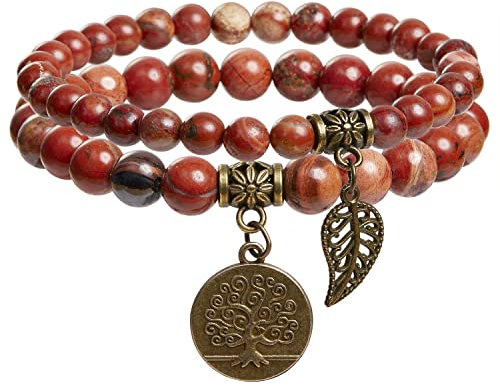 Farfume Chakra Armband Echte Steine, Echte Steine-Edelsteine Armband fur Damen (Roter Achat und Baum des Lebens)