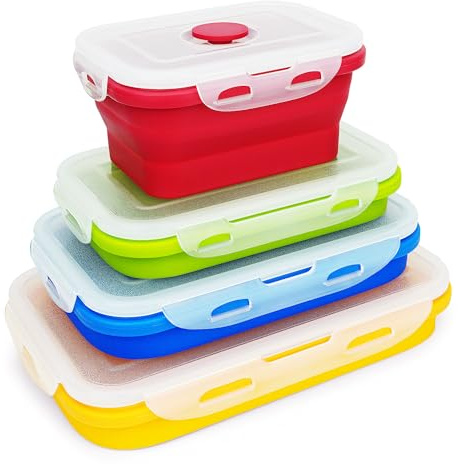 Lunbengo Silikon-Bento-Lunchbox, 4-in-1, faltbare Mahlzeiten-Vorbereitungsbehälter, Outdoor-Lebensmittel-Aufbewahrungsbehälter für Reisen, Picknick, Camping, mikrowellengeeignet