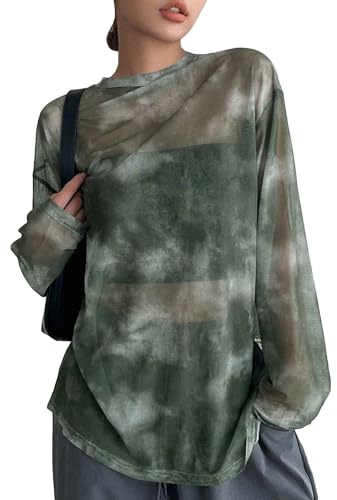 Verdusa Women's Y2k Tie Dye Sheer Mesh Top Long Sleeve Whimsical Clothes