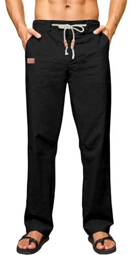 Elegancity Leinenhose Herren Sommerhose Yogahose Leichte Baggy Jogginghose Lang Stoffhose Herrenhosen Urlaub Freizeithose mit Kordelzug und Taschen Schwarz M