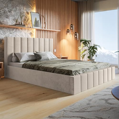 MOTIVENA Ibiza Bett 120x200, Polsterbett 120x200, mit Bettkasten, mit Stauraum, mit Lattenrost, mit Kopfteil, ohne Matratze, Samt, Beige Creme