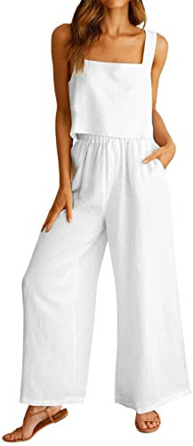 liaddkv Women's 2 Piece Square Neck Linen Tank Top with Wide Leg Matching Tracksuit Trouser Suit Linen Women, White, XXL