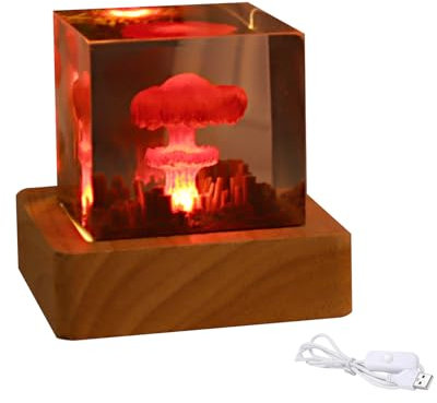 cimsfcor Cubic Mushroom Cloud Night Light, Atombombe Modell Atmosphärische Lampe Epoxidharz Pilz Wolke nukleare Explosion Lampe mit Holzsockel für Heimbüro (L)