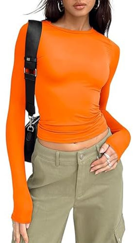 OYIGELZ Langarmshirt Damen Klassischer Basic T-Shirt Crop Tops Y2K Slim Fit Oberteile Sweatshirt Casual Rundhals Tee Shirt(Orange-a,XXL)