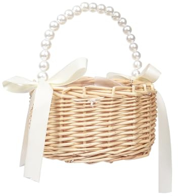 Handmade Wicker Flower Girl Basket with Handle and Ribbon - Rattan Candy Basket for Wedding Parties