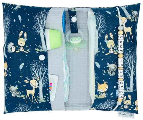 Große Windeltasche für unterwegs mit Namen personalisiert - für Mädchen und Jungen - Wickeltasche mit Waffelpique - Waldtiere boho Indianer Reh Fuchs Hase - blau hellgrau