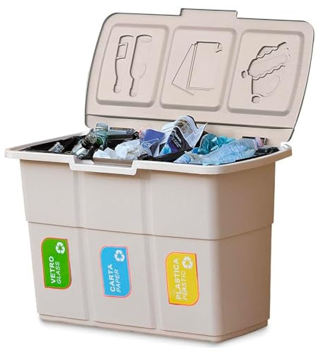 Avilia Poubelle à 3 compartiments de collection différenciée 25 L Taupe – 75 L au total, design compact, couvercles à rabat, plastique résistant, idéal pour la maison et le bureau