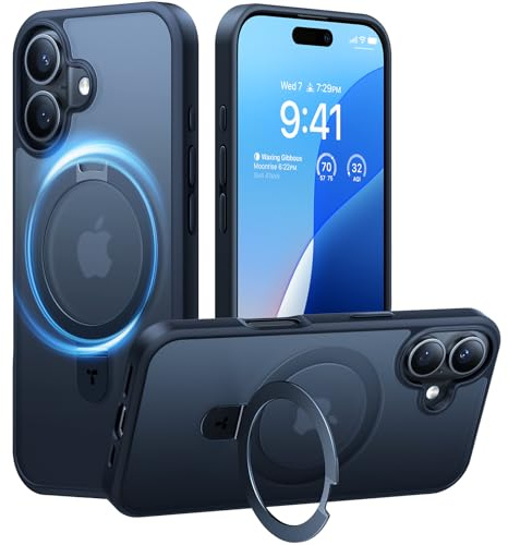 TORRAS Ostand Q1 für iPhone 16 Plus Hülle mit MagSafe Case, Schwarz | Unsichtbarer Ständer · 18 N Magnetkraft · 3,66 m Fallschutz · 3D-Nappa-Haptik · fingerabdruckarm