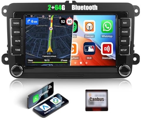 CAMECHO 2+64G 7 Autoradio Wireless Carplay für VW Golf 5 Polo Skoda, Android 13 HD-Bildschirm Bluetooth Radio mit Android Auto WiFi GPS Navi FM/RDS Mirror Link 2USB +Canbus