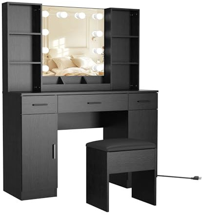 Large Dressing Table & Stool Set, Modern Makeup Vanity Desk with 3-Color LED Lights Mirror Makeup Table with 3 Big Drawers, 2 Cabinet, 6 Shelves, Power Outlet (Black)