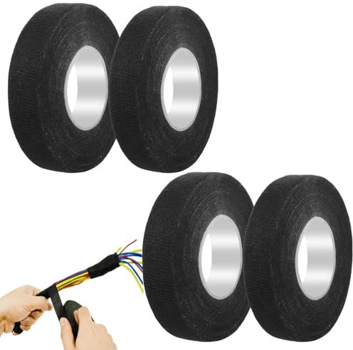 OMBRISA Nastro in Tessuto Nero 4 pezzi, Nastro Adesivo Nastro Isolante Nero 2 Misure, Nastro Tessile Autoadesivo, Nastro in Industriale per Cablaggio Auto, Moto (19mm x 15m/15mm x 15m)