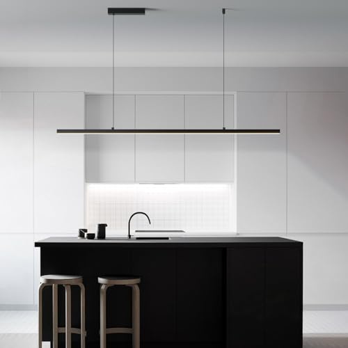 PANNN Dimmbar LED Pendelleuchte Moderne Esstisch Schwarz Hängeleuchte Mit Fernbedienung Pendellampe Linear Design Höhenverstellbar Kronleuchter Lampe Für Esszimmer Küche Büro Hängeleuchte 150cm,64W