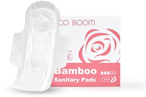 ECO BOOM Serviettes hygiéniques pour femme, en viscose de bambou, sans chlore et sans parfum, avec ailettes (standard)