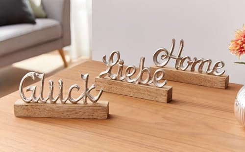 Dekoleidenschaft 3er Set Schriftzug Liebe, Home & Glück aus Aluminium in Silber & Mango Holz, Deko Aufsteller