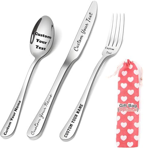 [ 3 Pack ] Custom Flatware Set, Personalised Engraving Name Text Dinner Fork/Knife/Spoon Stainless Steel Reusable Tableware, Customized Birthday Christmas Gift for New Home Party Favors Wedding