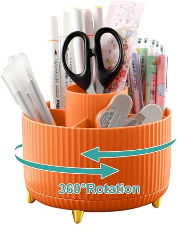 Lenfuos Rotating Pen Pencil Holder Desk Organiser - 360 Degree Pencil Pots Makeup Brush Holder with 5 Compartments for Home Office Supplies Desktop Tidying and Stationary Storage (Orange)