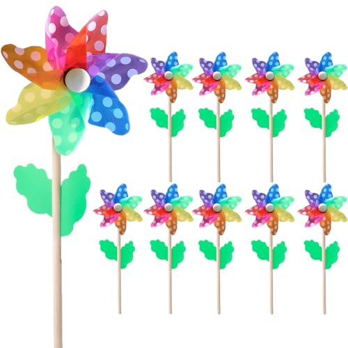 Dimoxii Buntes Windrad Garten, 10 Stück Windräder für Kinder, Gartenstecker Windrad Bunt, Regenbogen Windspiele für draußen stehend, Wetterfeste Windmühlen für Garten und Balkon (Punkt)