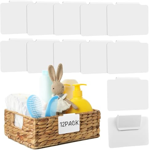 AUUTI 12 weiße Korbetiketten, abnehmbare PVC-Etiketten | Clip On für Aufbewahrungskörbe, abnehmbare PVC-Etiketten für Körbe mit Halterungen, 8,9 x 6,9 cm
