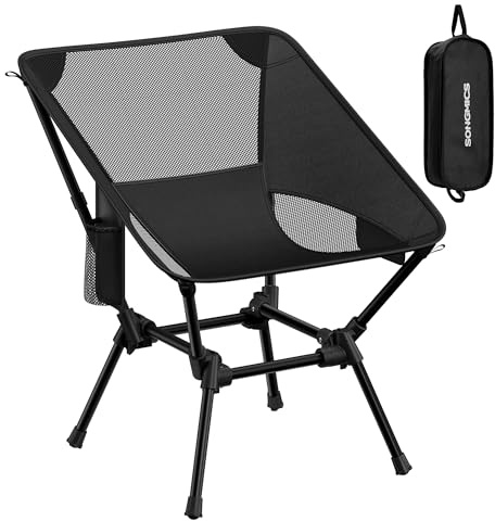 SONGMICS Camping Chair, Lightweight Folding Beach Chair, Adjustable Height, Steel Frame, Supports 150 kg, 2 Storage Pockets, Portable for Outdoor Travel, Black GCB050BZ01