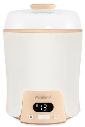 Miniland - Super 6, Calienta Hasta 6 Biberones, Esteriliza Biberones y Potitos, Cocina al Vapor, Descongela, Cuece, Mantiene la Temperatura, 6 En 1 (Beige)