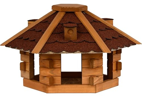 dobar® Vogelhaus Blockhaus 6-eckig mit Bitumendach - Vogelfutterhaus aus Holz wetterfest lasiert - Futterstation für Wildvögel stehend für Ständer - Rot