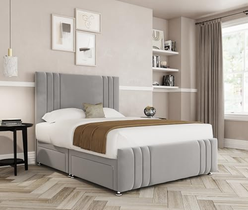 THE BED VILLAGE YORKSHIRE Ripon with Footboard Double (4ft6) Divan Bed with Mattress, Headboard & 2 Drawers Same Side | Silver Grey Plush Fabric | British Timber | Sustainable Handcrafted Design