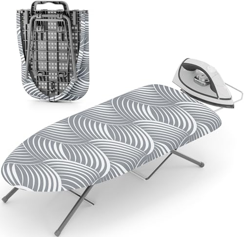 KINGRACK Foldable Small Ironing Board with Iron Rest, 30×76 cm,Grey & White | Space Saving Iron Board,Extra Thick Cover, Portable Tabletop Ironing Board wiht Non-Slip Feet for Home,Dorm,Travel