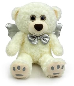 Generisch Oso de peluche de 30 cm con alas doradas y lazo – Ángel de peluche suave para niños y adultos (blanco, plata)