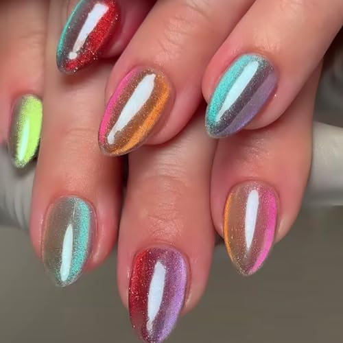 Ceboic 30Pcs Rainbow Cat Eye Press on Nails, French Short Almond Fake Nails, Glossy Glitter Acrylic Full Cover False Nail, Removable Glue on Nail, Reusable Stick on Nails for Women Girls DIY Manicure