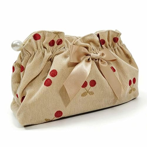 Riuulity Kosmetiktasche aus Weichem Cord, Vintage-Kosmetiktäschchen, Kompakter Reiseorganizer, Kosmetiktasche, Kulturbeutel für Damen (Rote kleine Kirsche)