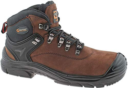 MENS GRAFTERS LEATHER WATERPROOF WIDE FIT LACE UP SAFETY BOOTS M9508 (UK8, BROWN)