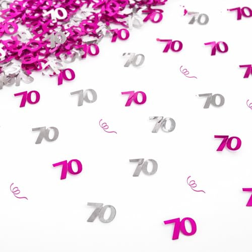 70th Birthday Confetti 14g - Pink & Silver Metallic Foil Table Scatter Sprinkles, Number 70 Party Decorations for Birthday Tables, Cards, Invitations, Gift Bags and Celebration Décor