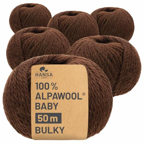 HANSA-FARM | 100% Baby Alpakawolle in 50+ Farben (kratzfrei) - 300g Set (6 x 50g) - weiche Alpaka Wolle zum Stricken & Häkeln in 6 Garnstärken by Hansa-Farm - Schoko (Dunkel-Braun)