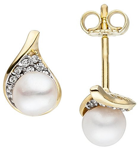 Ohrstecker weiße Süßwasser-Perlen Zirkonia 375 Gold Gelbgold Ohrringe Ohrschmuck