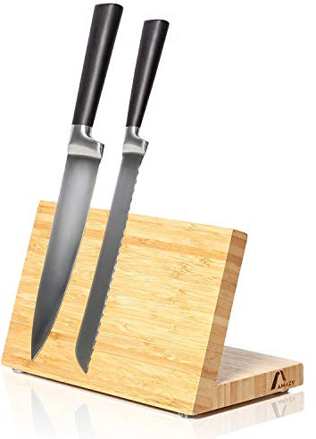 Amazy Bloc à couteaux magnétique avec 15 étiquettes ardoise – Porte-couteaux aimanté en bambou massif pour organiser votre cuisine