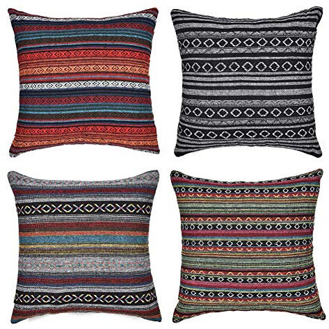 Gspirit 4 Stück Kissenbezug Böhmischer Retro Streifen Dekorative Kissenhülle Baumwolle Leinen Werfen Sie Kissenbezüge 45x45 cm
