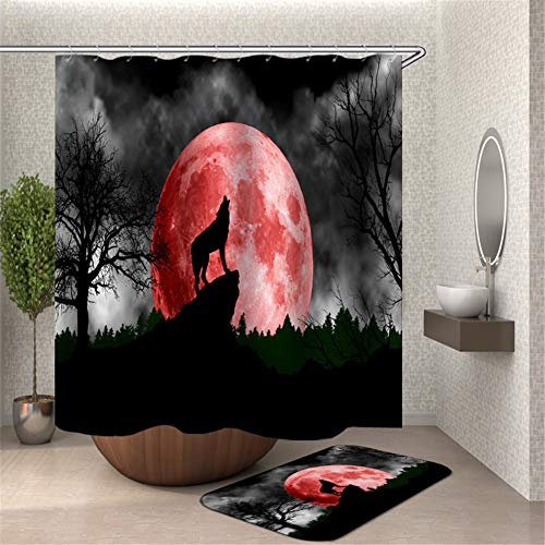 Chickw1 Rideau de Douche Imperméable Anti Moisissure, Polyester Salle de Bain Rideau de Douche avec 12 Crochets Lavable en Machine 3D Impression Décorations (Nuit Loup,90x180cm)