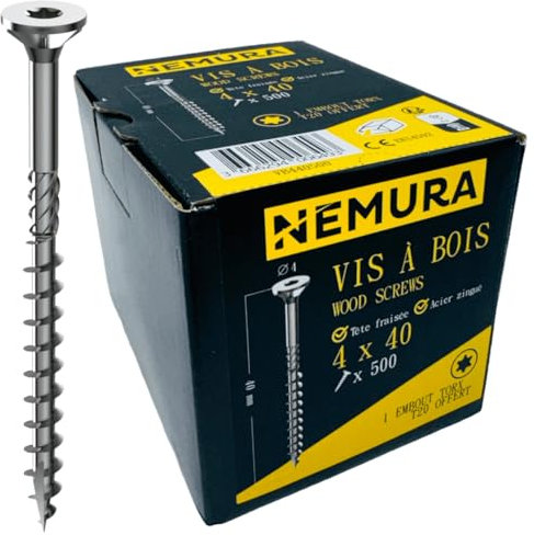 Nemura Lot de 500 Vis à Bois 4 x 40 mm - en Acier Zingué à Tête Fraisée - vis à bois Torx - Visses Spéciales pour Bois et Aggloméré- Haute Qualité Durable - Marque Francaise