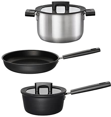 Fiskars Kochgeschirr-Set, Bratpfanne (Ø 28 cm), Stieltopf mit Deckel (1,8 Liter), Kasserolle mit Deckel (3,5 Liter), Aluminium bzw. Rostfreier Stahl/Kunststoff, Für alle Kochfelder, Hard Face, 1057942