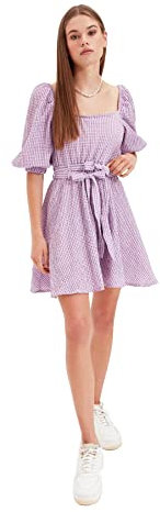 TRENDYOL Lila Gürteltes Quadratisches Kragenkleid Abito Casual, Lilla, 44 Donna