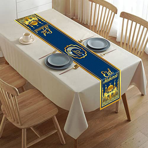 Eid Mubarak Tischläufer, 14 x 73 Zoll Ramadan Mubarak Tischläufer Blau Gold Stern Mond Moschee Polyester Tischdecke Dekoration für Muslimisches Zuhause Esszimmer Islamische Feiertags Dekoration