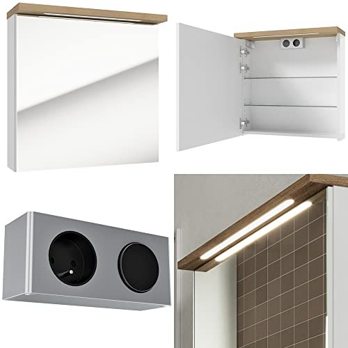Lomadox Badezimmer Spiegelschrank 60cm mit LED-Beleuchtung, in Hochglanz weiß mit Trüffel Buche Nb., mit Schalter und Steckdose, B/H/T: ca. 60/60/20 cm