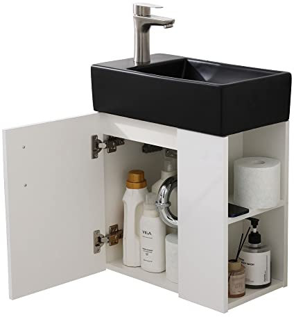 Schwänlein® 45cm Schwarz Waschbecken Gäste Wc mit Unterschrank Hand Waschbecken für Badezimmer Gäste WC Keramik Badezimmerset